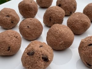 Close-up of several round, Keto Chocolate Coconut Cookie Dough Bites arranged on a white plate, ready for baking or as a snack. The texture looks soft and slightly granular, with visible small chocolate chips scattered throughout.