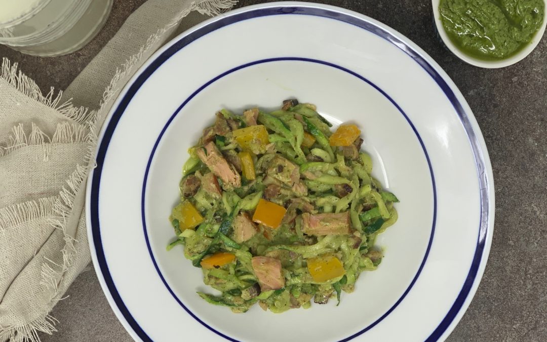 Keto Smoked Salmon & Pesto Zoodles with Bacon Trina Krug