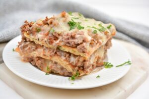 Keto Lasagna on a white plate.