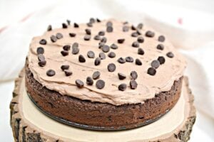 A Keto Chocolate Cake with creamy keto chocolate frosting topped with chocolate chips sits on a rustic wooden stand. The cake has a rich, moist texture and is garnished with numerous chocolate chips spread across the top.