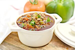 Turkey Chili in white bowl.