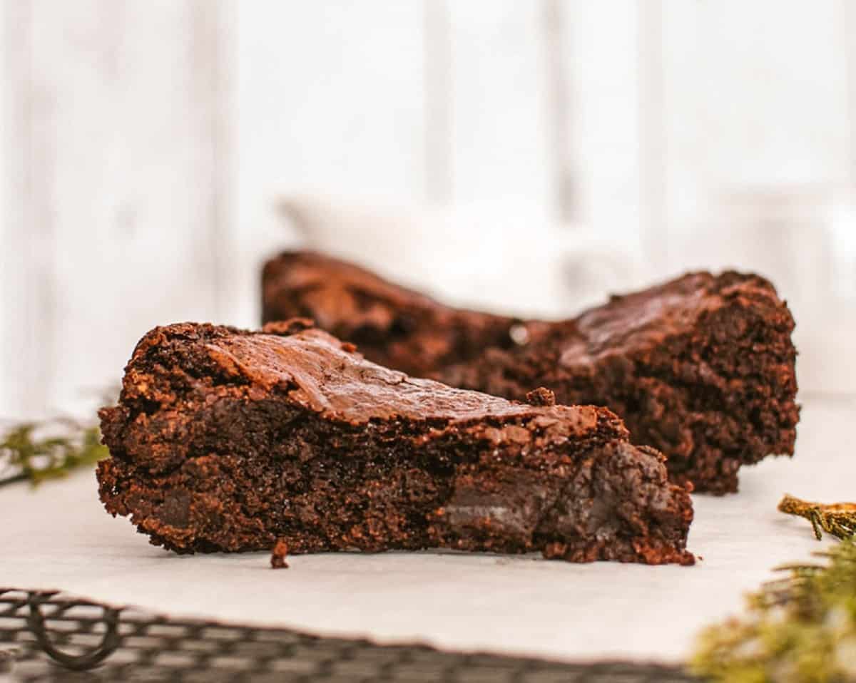 Flourless Chocolate Cake on a white plate.