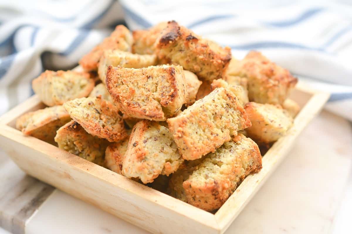 Keto Croutons in a wooden bowl.