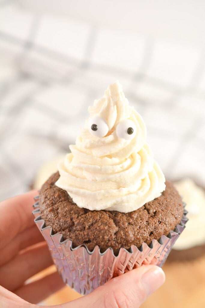 Keto Chocolate Ghost Cupcakes close up