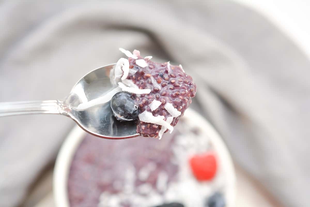 A spoonful of keto chia seed pudding topped with shredded coconut and a blueberry is held above a bowl of the same pudding. The bowl is partially blurred in the background, along with a light gray fabric.