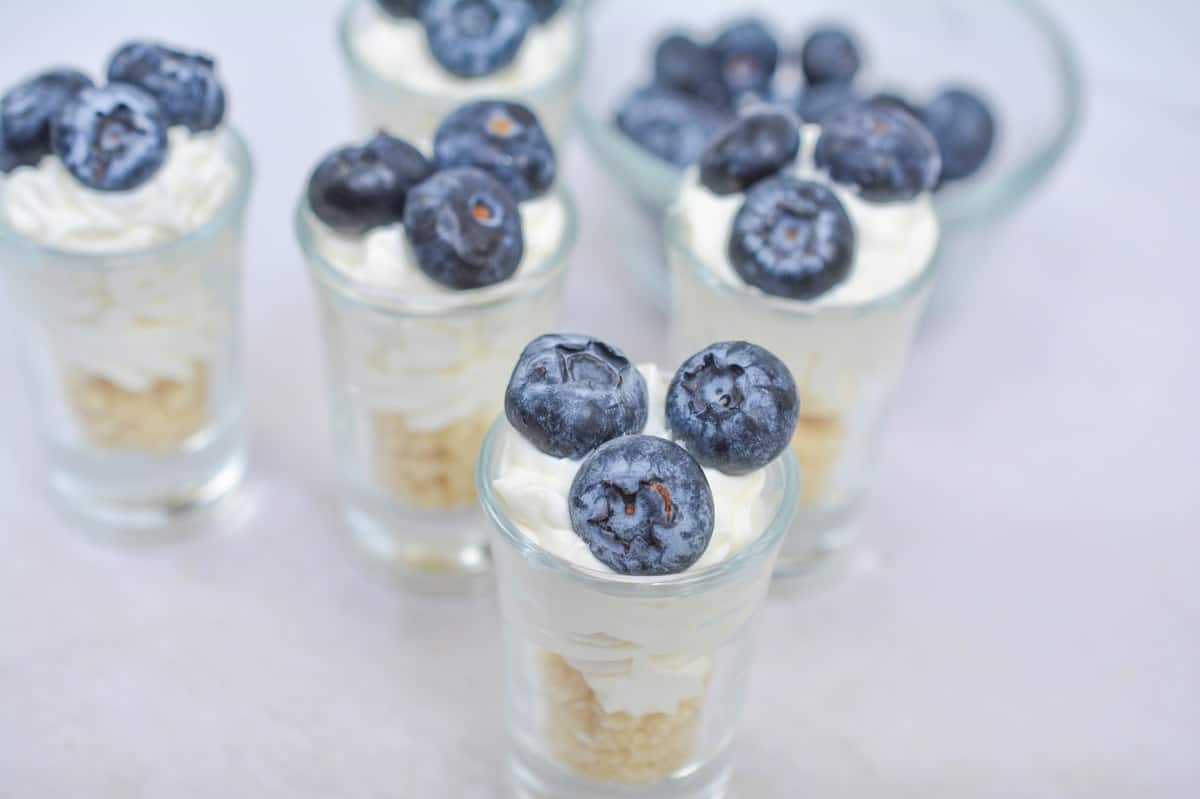 Small Keto Cheesecake Shooters with Blueberries layered with a crumbly base, whipped cheesecake, and topped with fresh blueberries, arranged on a light surface.
