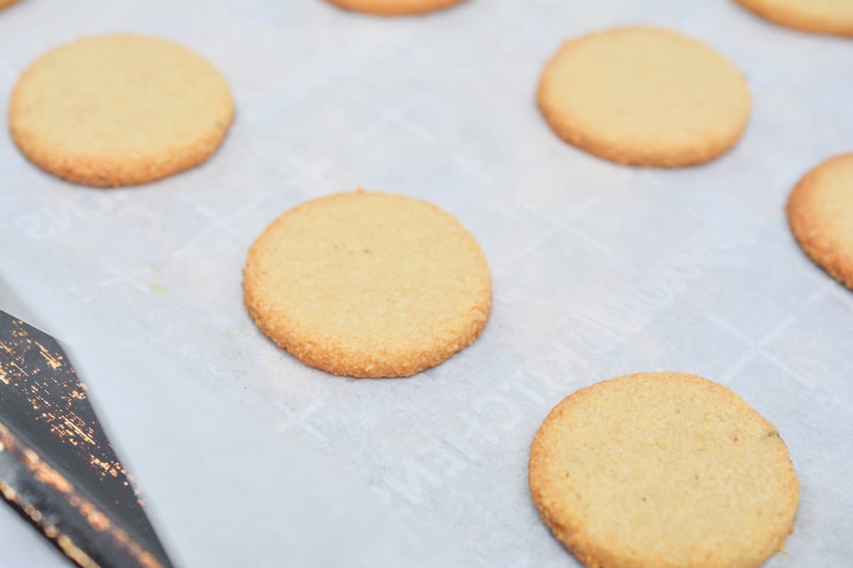 Freshly baked Keto Vanilla Wafers on a parchment-lined baking sheet, cooling.