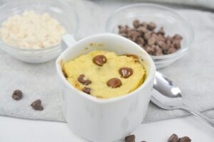 Chocolate Chip Mug Cake in a white mug.