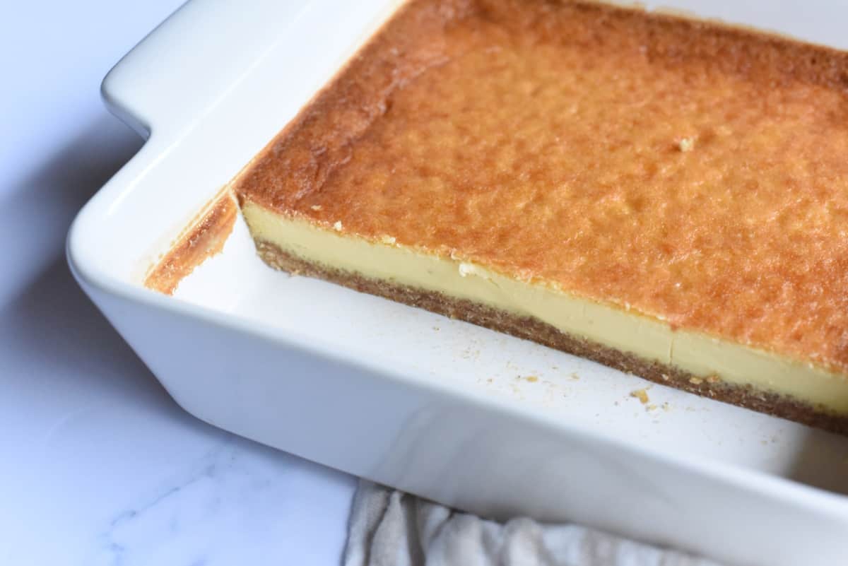 Freshly baked Carnivore Dessert bars in a white ceramic dish, with a golden-brown crust and a smooth, creamy filling, one slice partially cut and ready to serve.