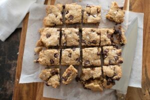Chocolate chip blondies on paper.
