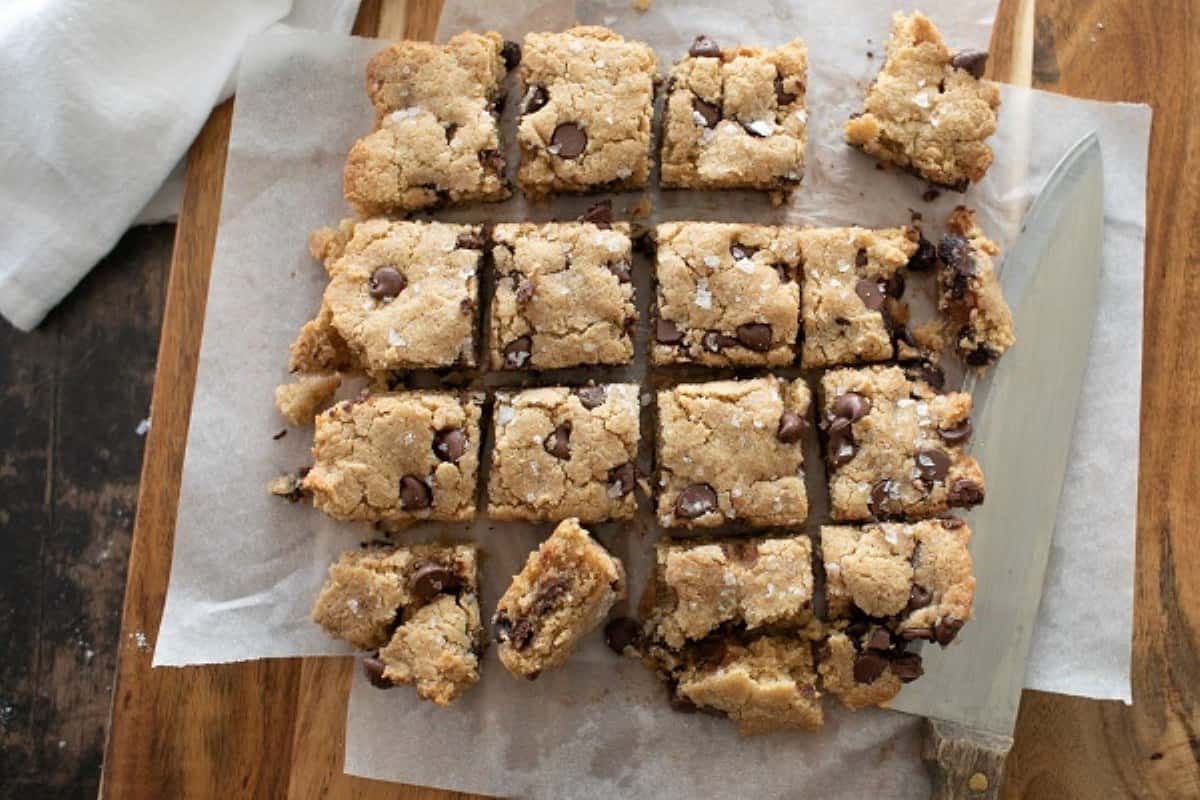 Chocolate chip blondies on paper.