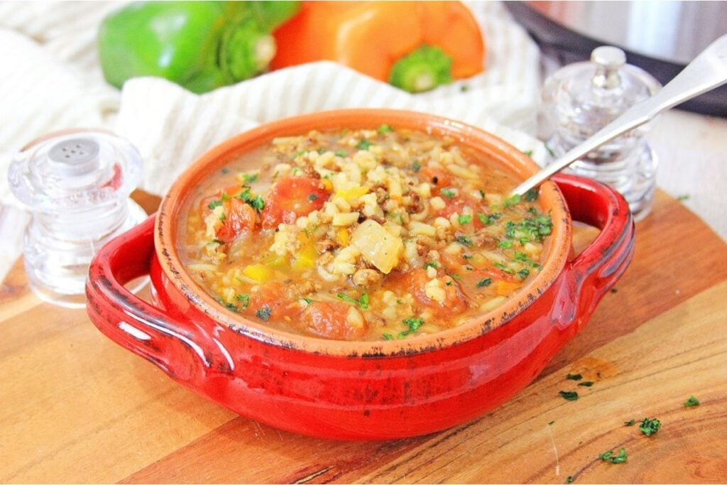 Stuffed Pepper Soup in a red bowl.