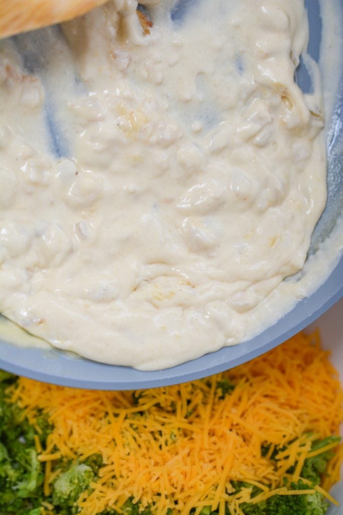 Creamy mixture in a blue bowl.