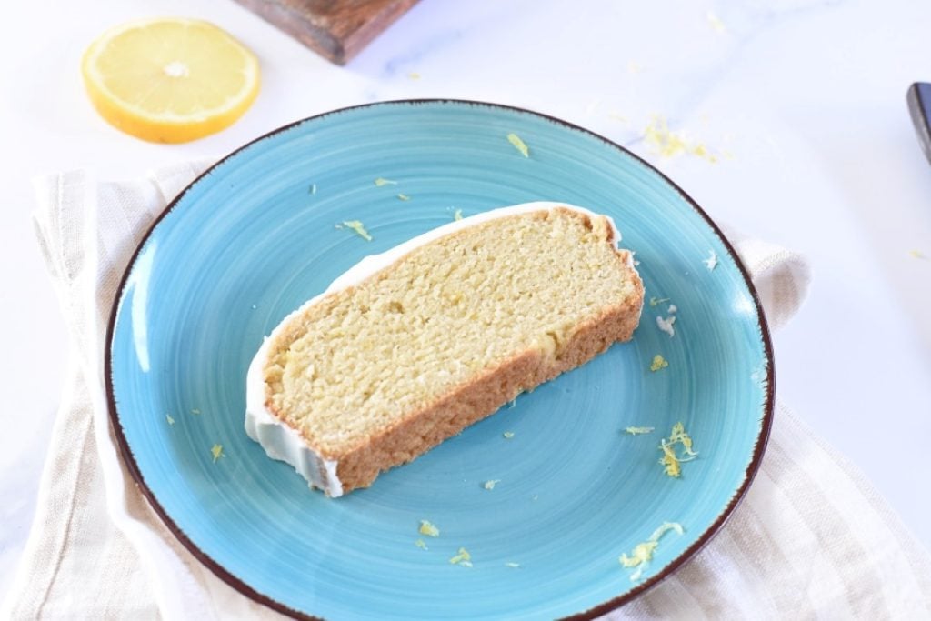 Lemon Loaf on a blue plate.