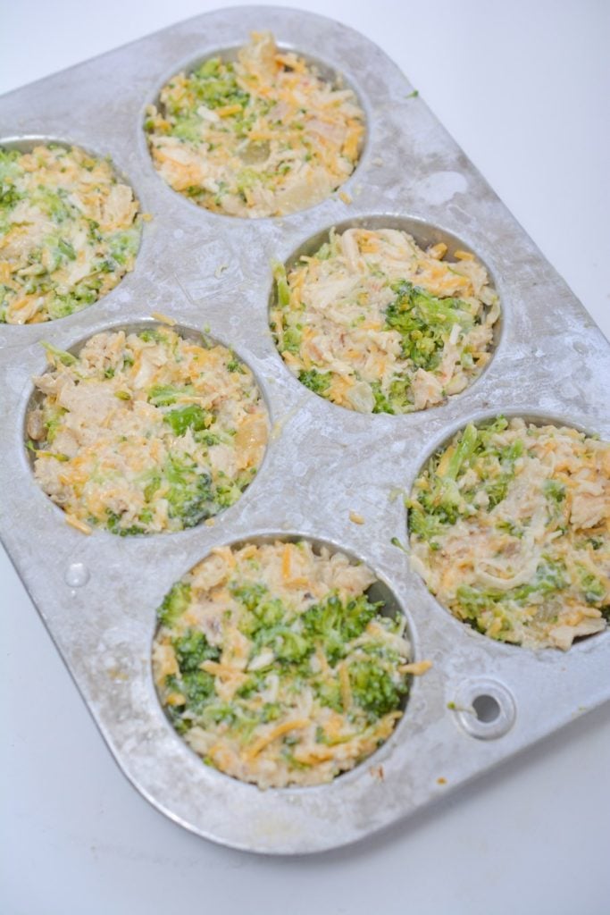 Cheesy Chicken and Broccoli Casserole in muffin tins.