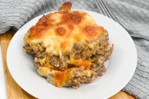 Cheeseburger casserole on a white plate.