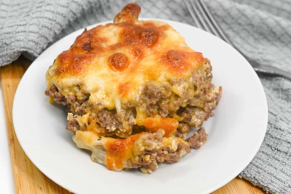 Cheeseburger casserole on a white plate.