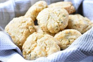 Cheddar Chive Biscuits in a basket.