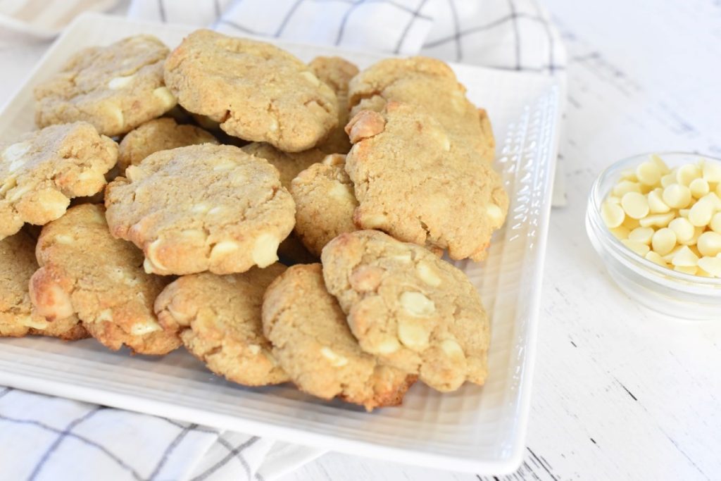 Macadamia Nut Cookies on a white plate.