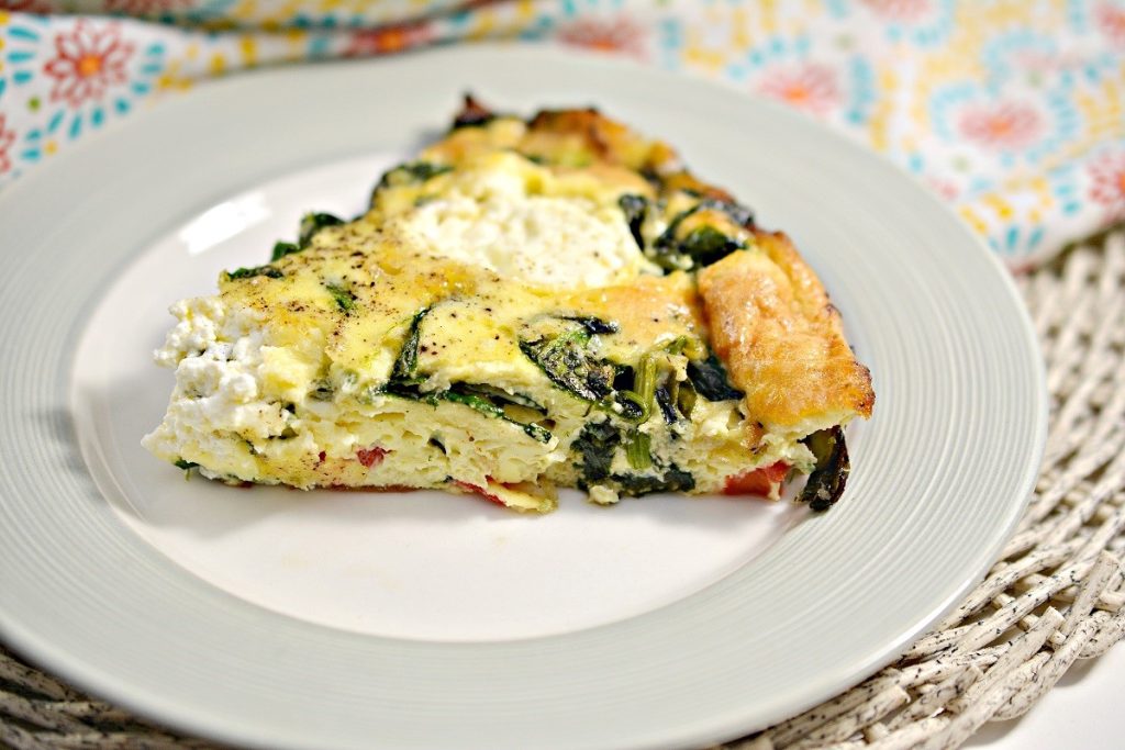 Roasted Red Pepper and Ricotta Frittata on a white plate.