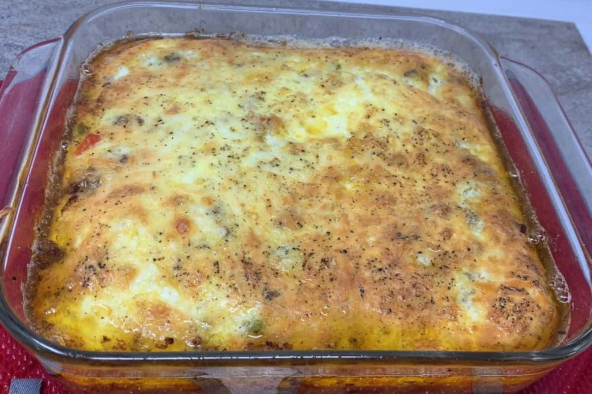 Sausage and Egg Breakfast Bake in a casserole dish.