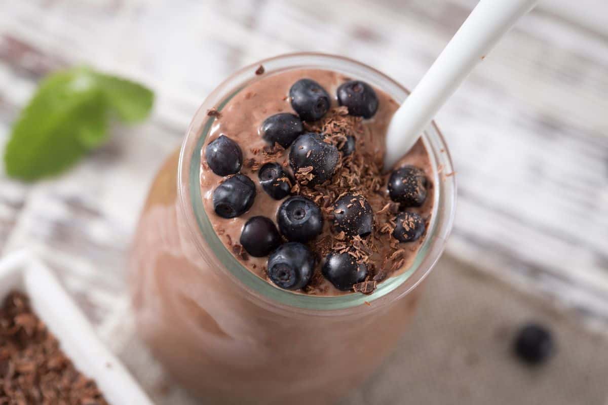 Chocolate Shakeology Shake with blueberries.