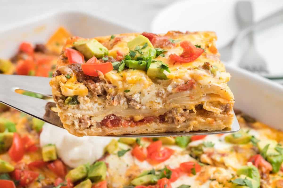 Mexican Breakfast Casserole on a spatula.