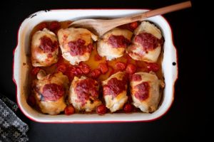 Roasted Red Pepper Chicken in a pan.