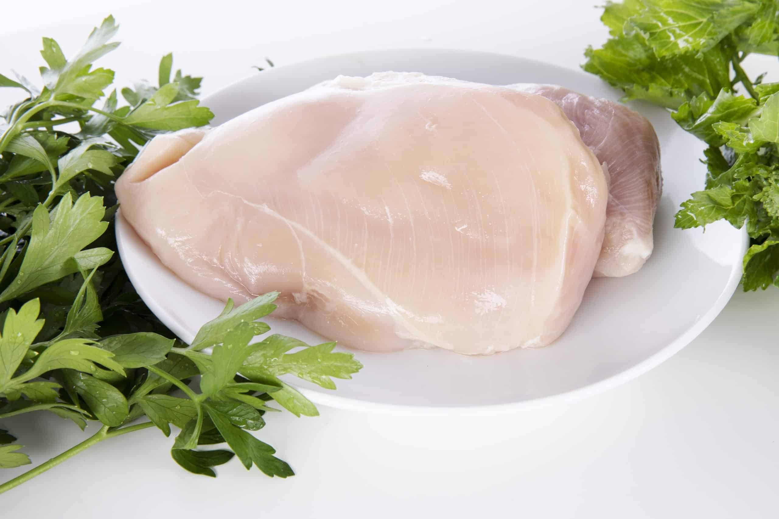 Raw chicken breast on a white plate, surrounded by fresh green parsley on a white background.