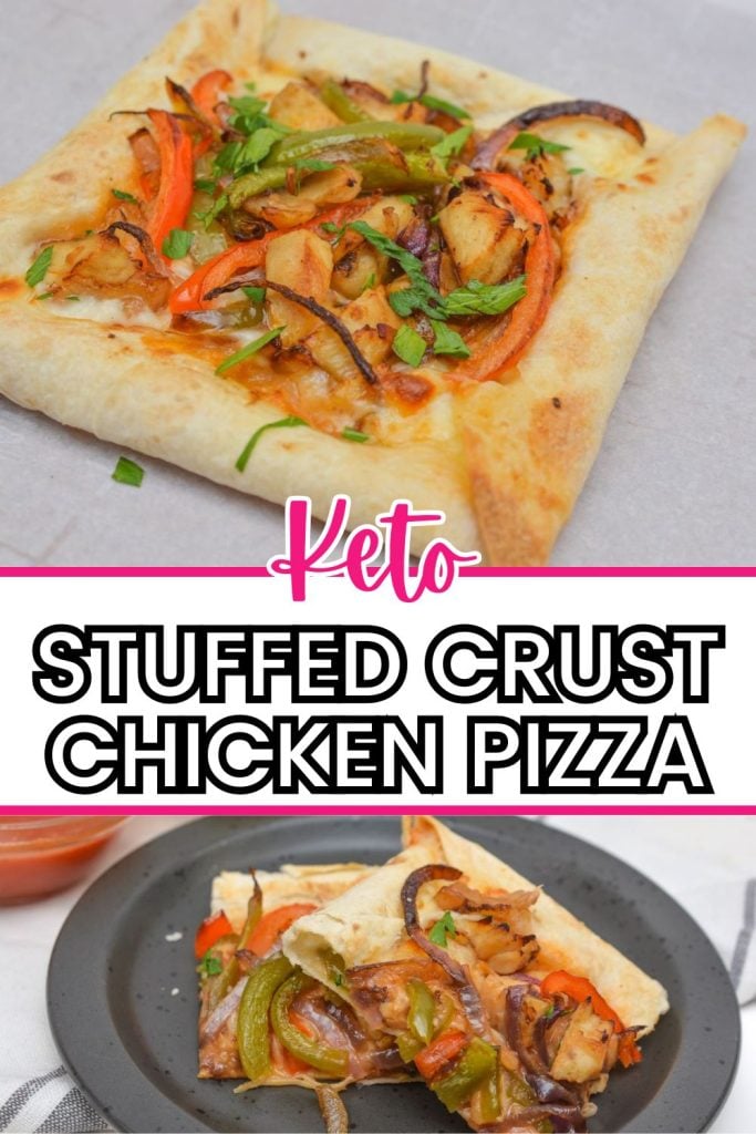 A keto stuffed crust chicken pizza topped with red and green bell peppers, onions, and herbs. The top image shows a whole pizza, and the bottom image displays two pizza slices on a black plate. Bold text reads "Keto Stuffed Crust Chicken Pizza.