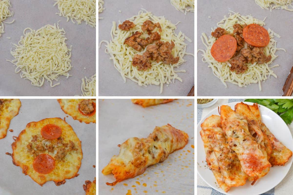 A six-step collage showing the making of pizza bombs. Top row: Cheese, sausage, and pepperoni on dough. Bottom row: Baked pizza bombs, one rolled up, and the final dish served on a white plate.