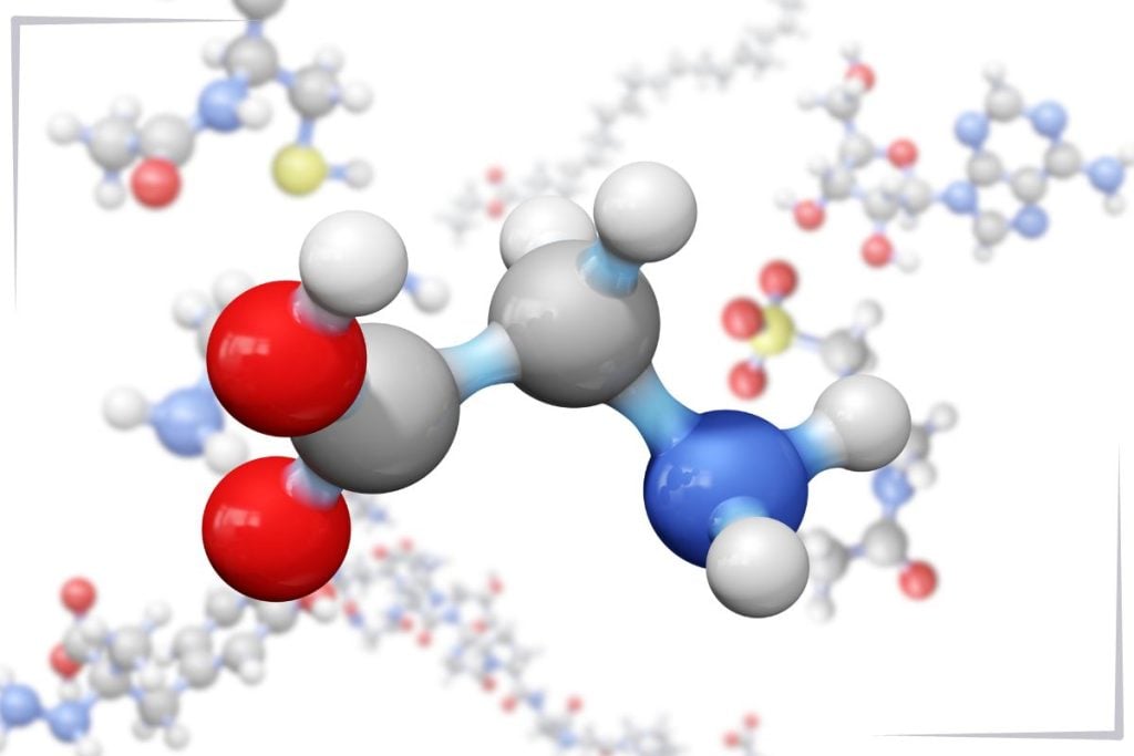 3D molecular model showing spheres connected by sticks, representing atoms and bonds. Ideal for illustrating peptides for beginners, the main structure features red, white, blue, and gray spheres with blurred molecules in the background.