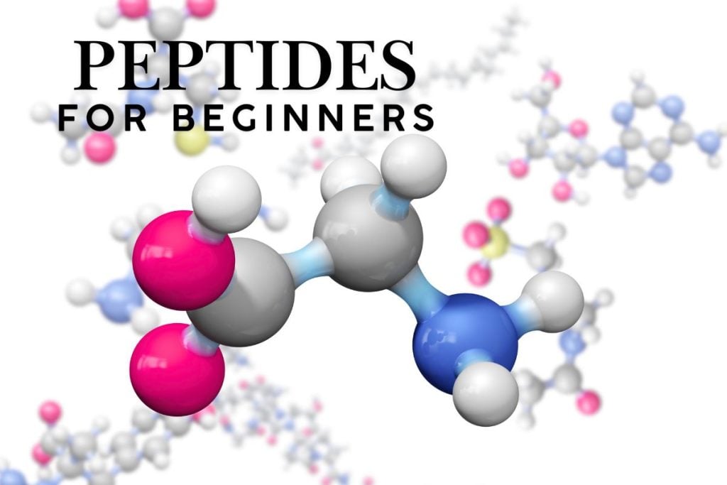 A 3D molecular model of a peptide chain with the text "Peptides for Beginners" in bold black letters above it; blurred peptides are visible in the background. Perfect for illustrating basic concepts of peptides for beginners.