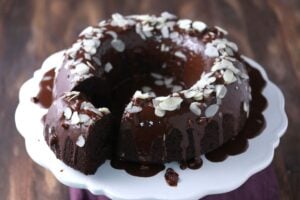 A keto chocolate bundt cake on a white plate.