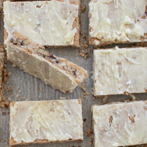 Magic Cookie Bars with one on its side.