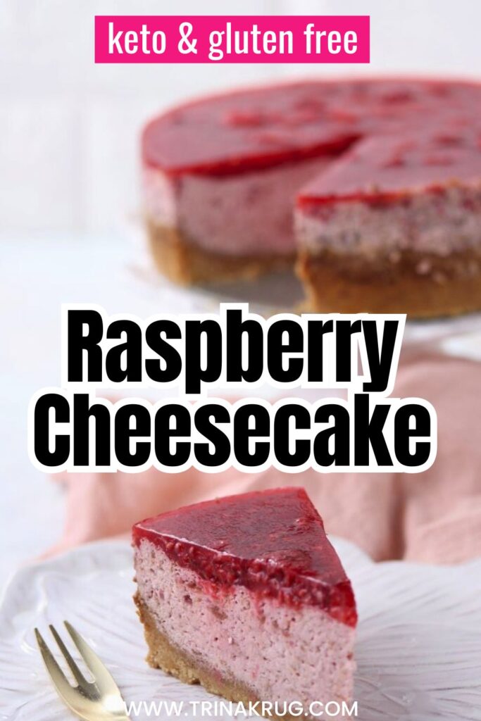 Keto raspberry cheesecake on a plate Pinterest Pin.