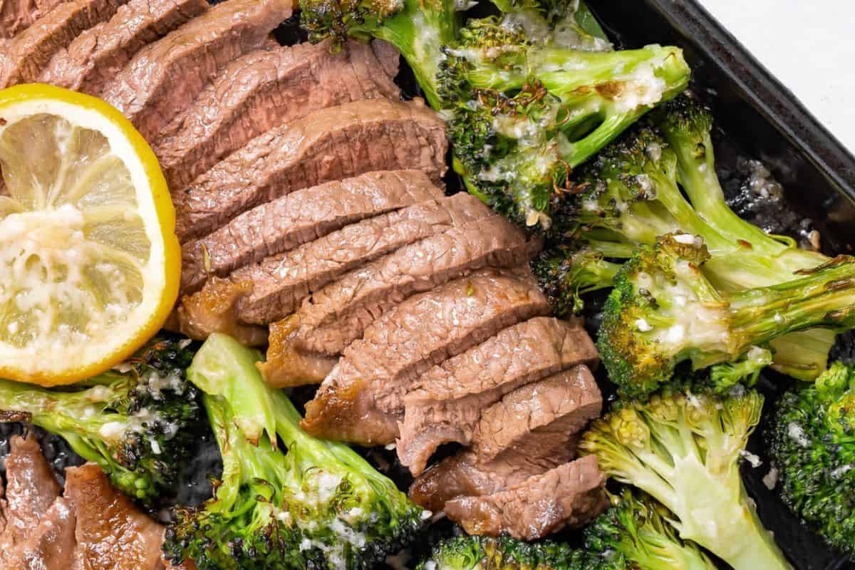One Pan Steak & Parmesan Broccoli on a serving platter.