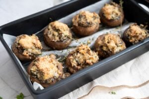 Stuffed Mushrooms in a baking dish.