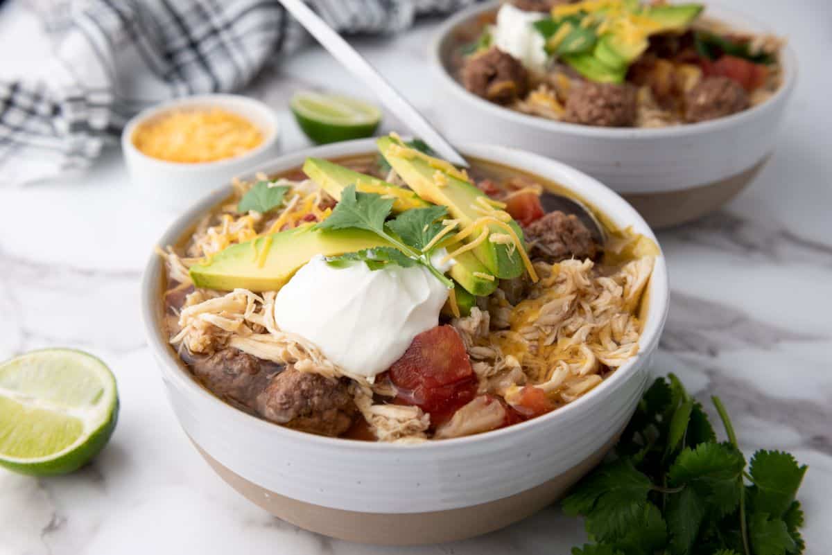 Taco Soup in a white bowl.