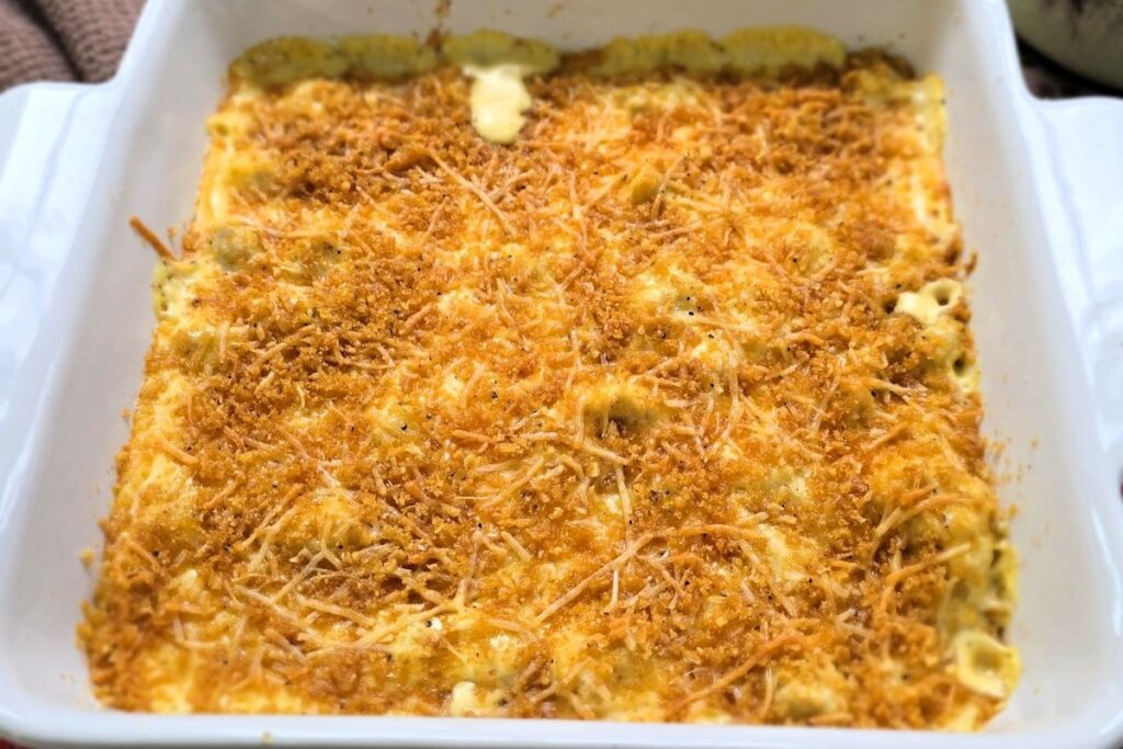 Carnivore Mac and Cheese in a baking dish.