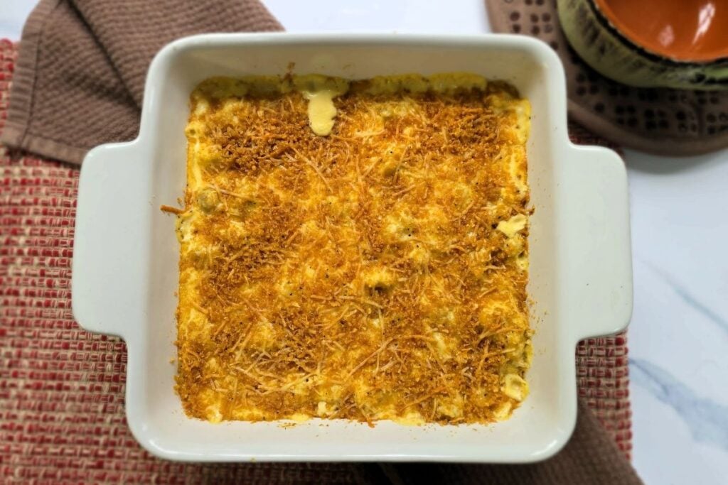 Carnivore Mac and Cheese in a baking dish.