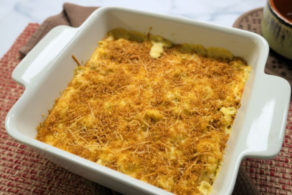 Carnivore Mac and Cheese in a baking dish.