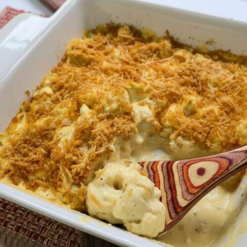 Carnivore Mac and Cheese in a baking dish with a spoon.