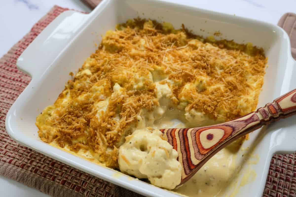 Carnivore Mac and Cheese in a baking dish with a spoon.