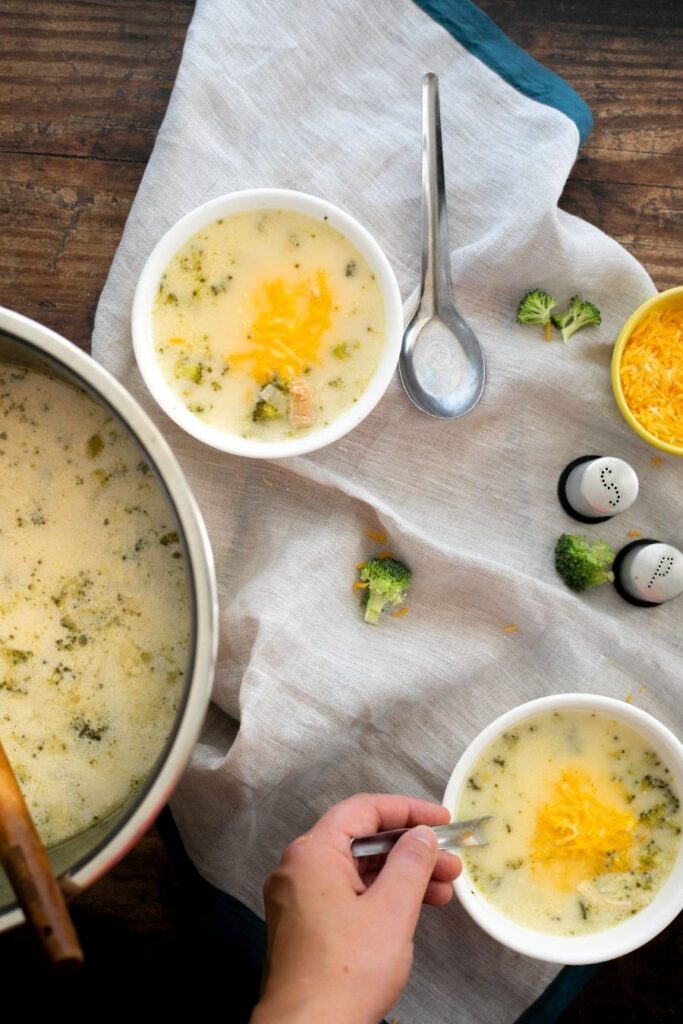 2 Bowls of Low Carb Broccoli and Cheese Soup With Chicken.