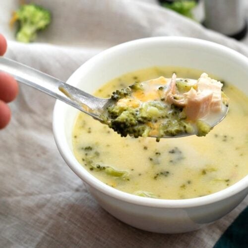 A spoonful of Low Carb Broccoli and Cheese Soup With Chicken.