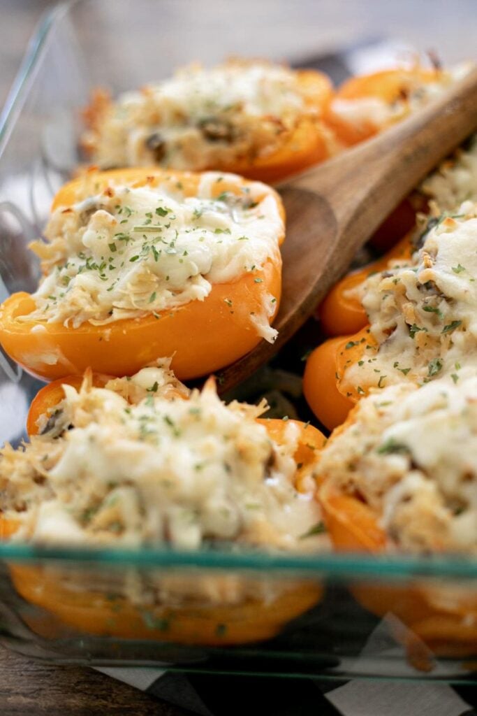 Low Carb Chicken Stuffed Peppers in a baking dish.