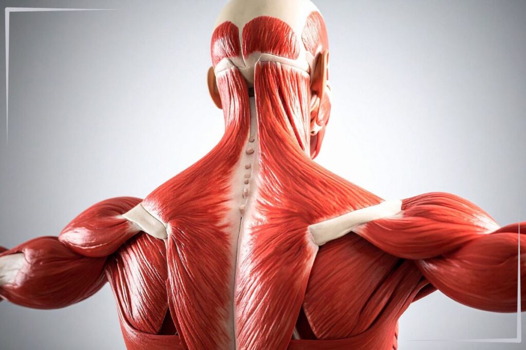 A skeleton showing muscle.